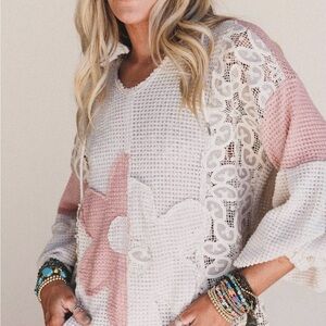 DAVI & DANI Cream and Pink With Lace, Knit Sweater